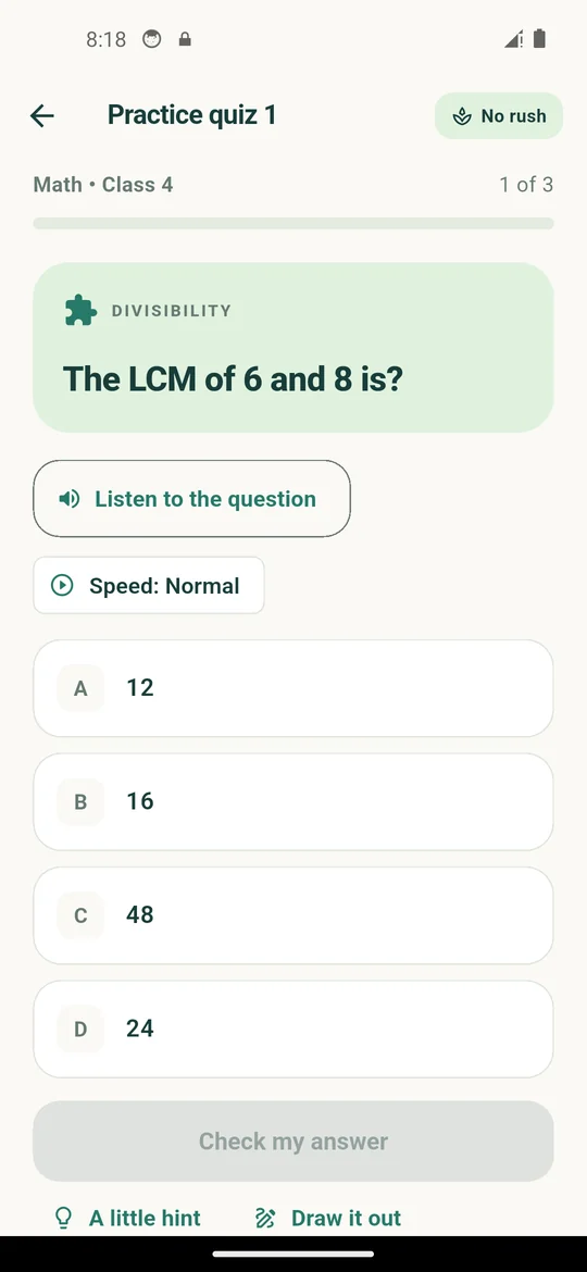 A question screen with shuffled choices, a hint button and read-aloud