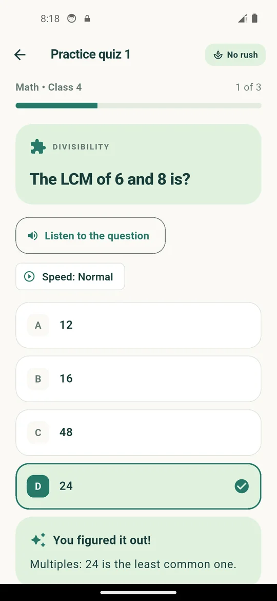 Feedback after an answer, showing the explanation